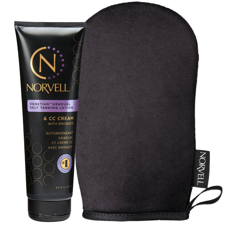 Norvell bundle front packaging showing lotion and mitt with polished presentation and convenience