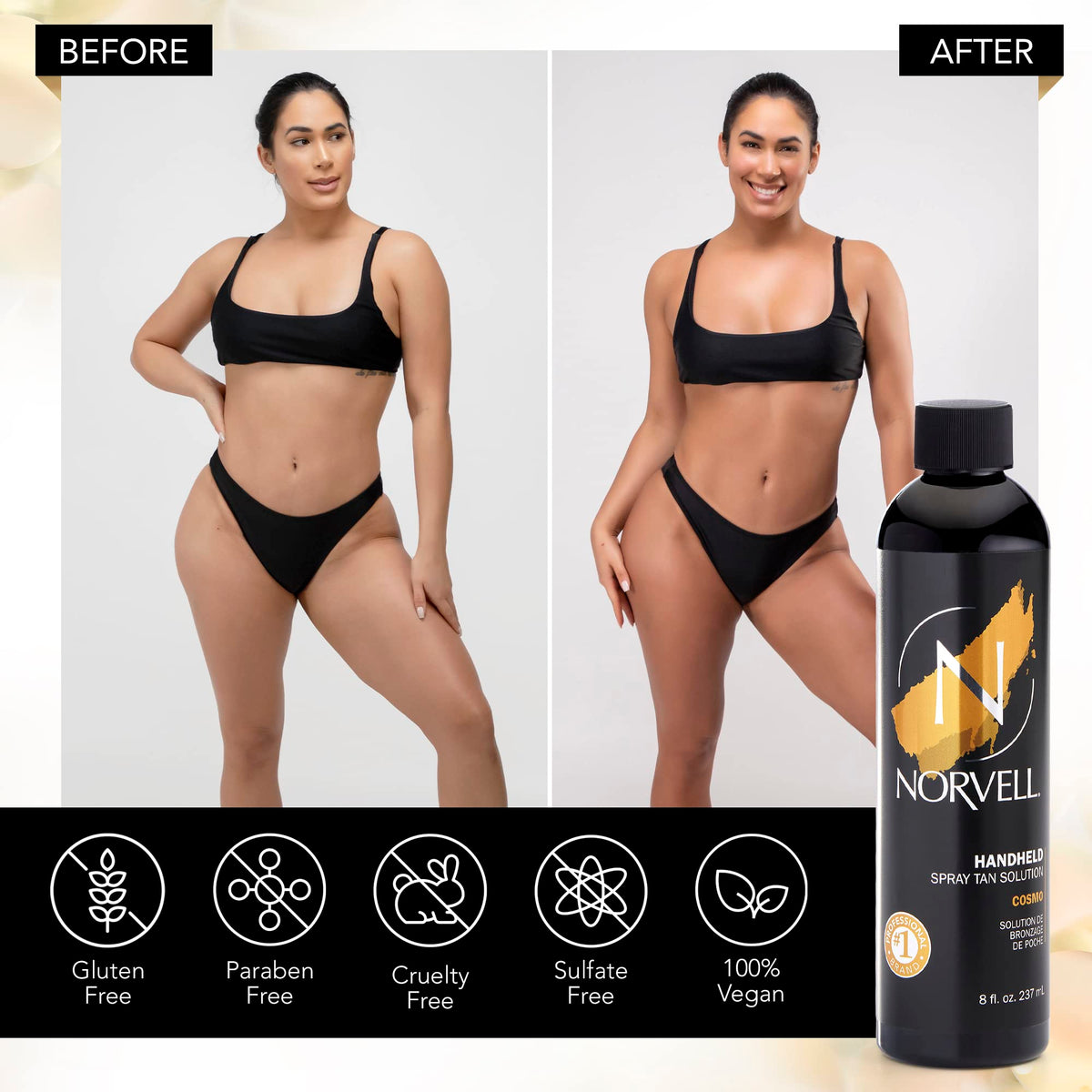 Norvell Cosmo on model before and after for natural glow