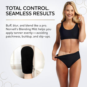 Norvell mitt in use applying self tanner on arm for streak-free finish benefit