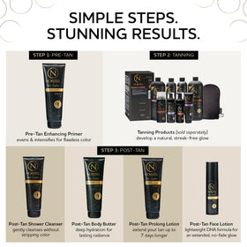 Norvell body wash on shower shelf demonstrating daily use to extend tan