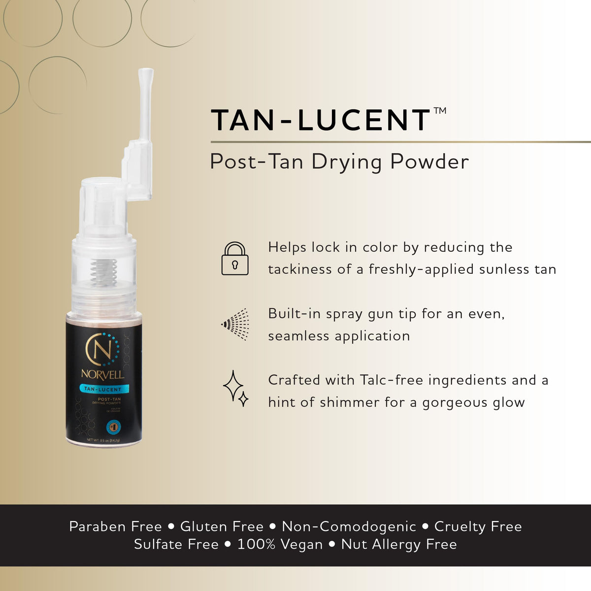 Close-up of Norvell Tan-Lucent powder texture demonstrating lightweight, talc-free finish