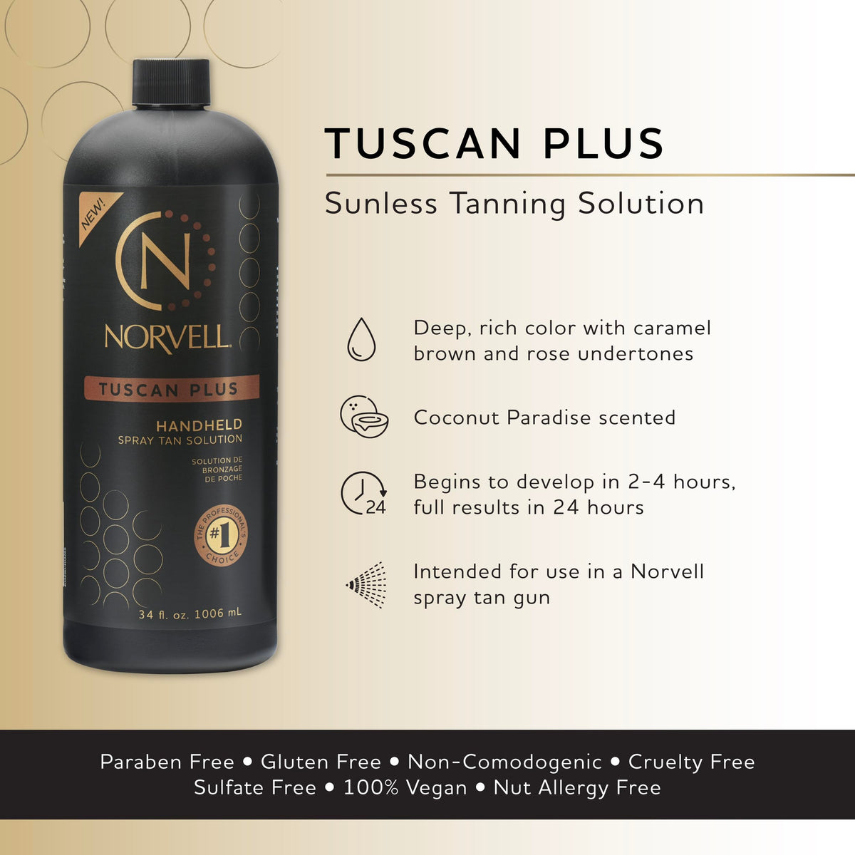 Norvell Tuscan Plus label close-up highlighting shade name and formulation clarity benefit