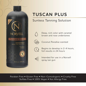 Norvell Tuscan Plus label close-up highlighting shade name and formulation clarity benefit