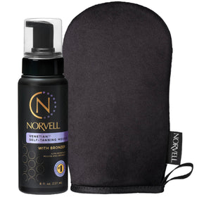 Norvell front packaging showing bottle and mitt for immediate product recognition and benefits