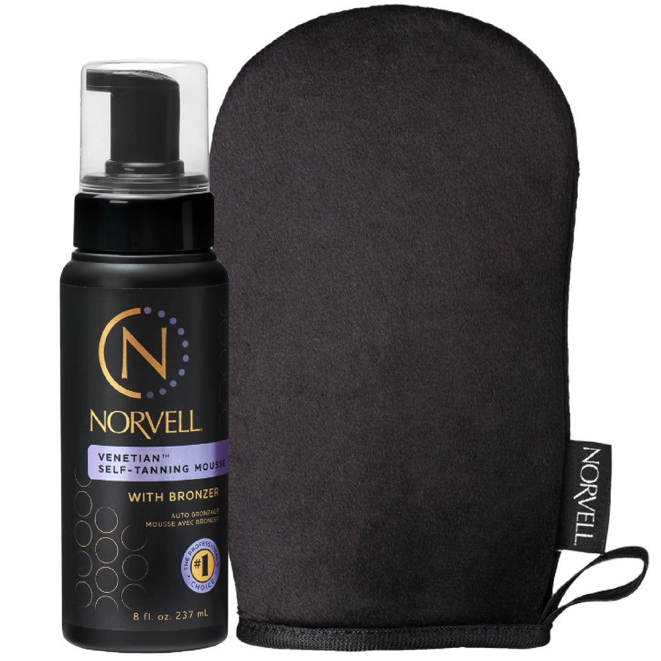 Norvell front packaging showing bottle and mitt for immediate product recognition and benefits