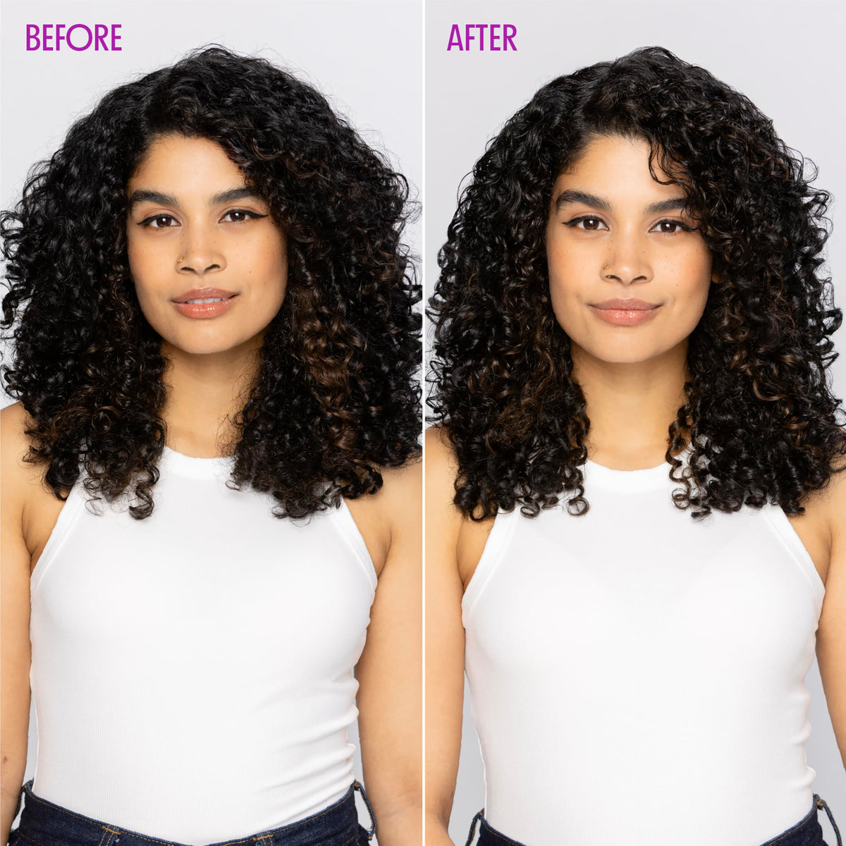Not Your Mother's before and after image showing reduced frizz and definition