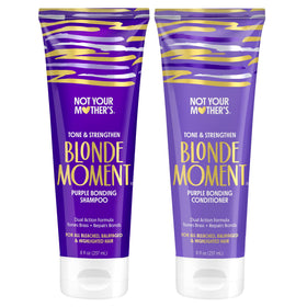 Not Your Mother's front view of purple shampoo and conditioner duo showing packaging and benefits