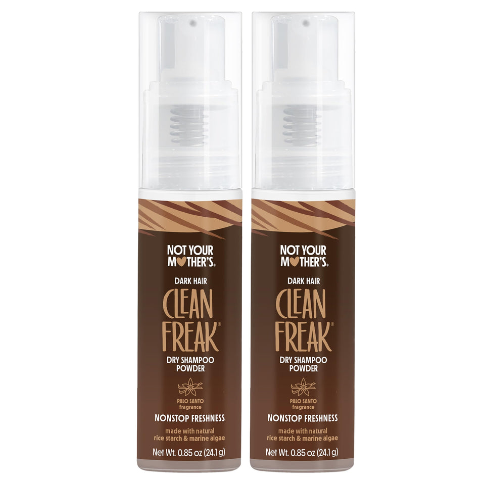 Not Your Mother's front packaging showing two tinted dry shampoo jars for dark hair, convenient refresh