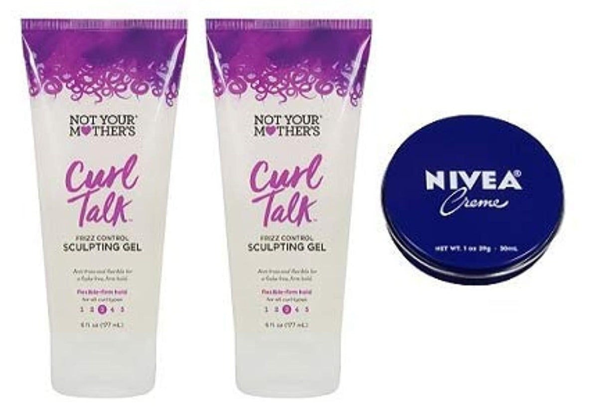 Not Your Mother's front packaging showing three gel bottles and travel cream, for defined frizz-free curls