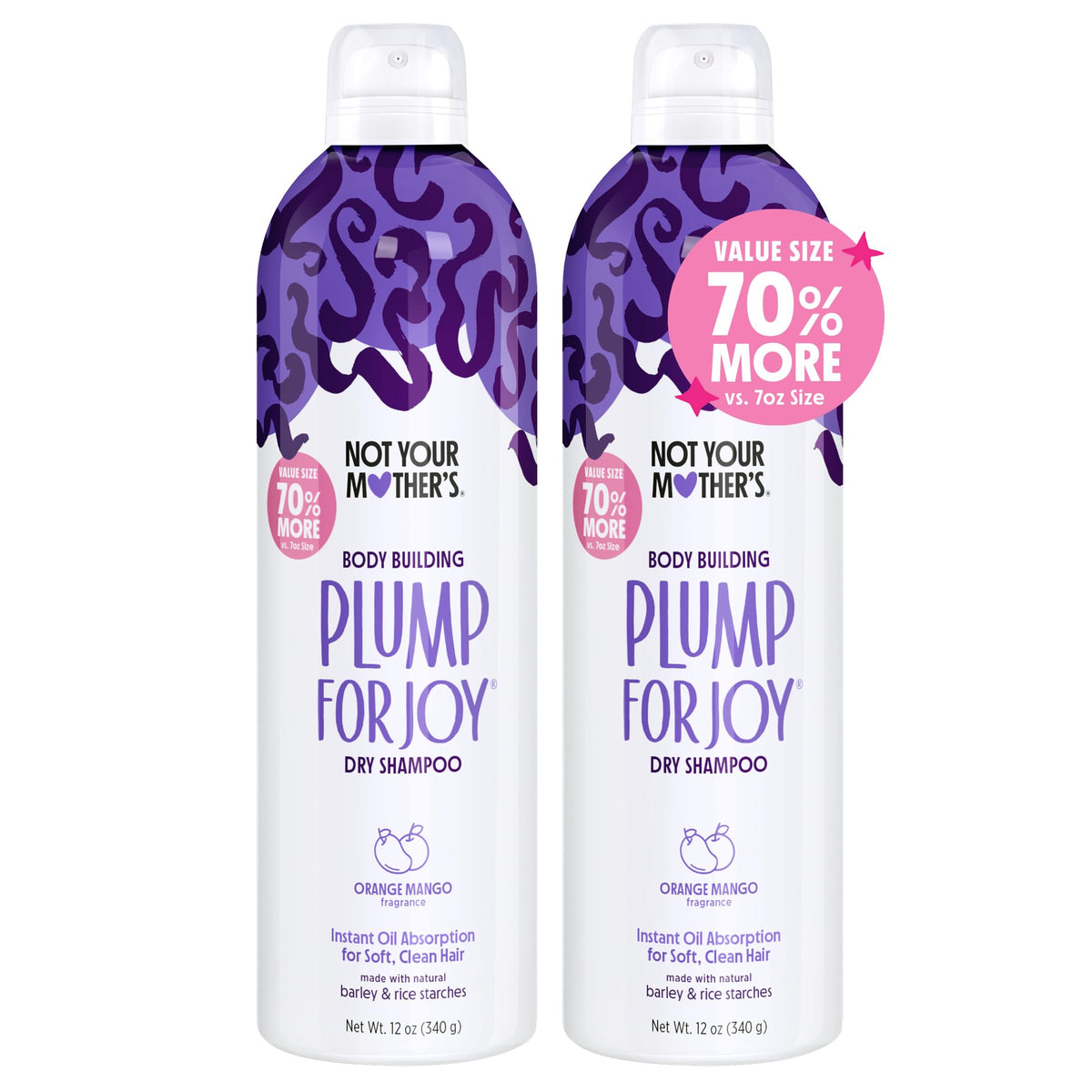 Not Your Mother's front packaging showing jumbo dry shampoo cans and benefit of extra volume