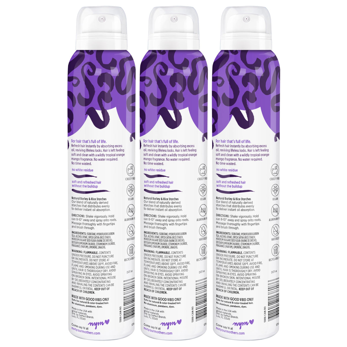 Not Your Mother's close-up label displaying clean-ingredient benefits and vegan claim