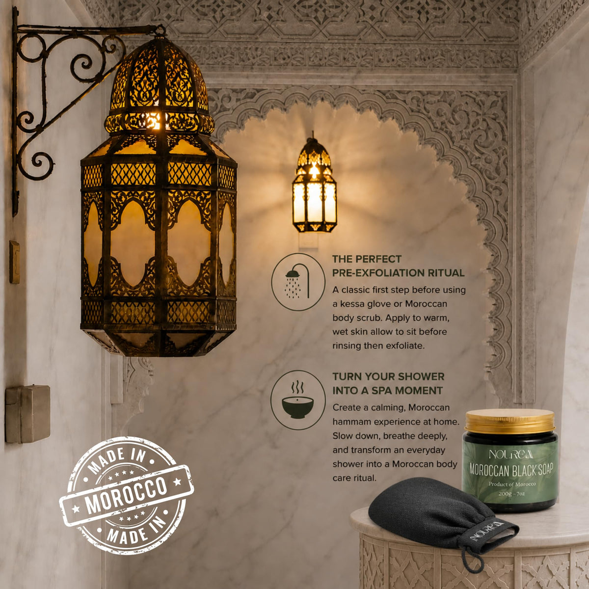 NOUREAA beldi jar staged in a Moroccan bath setting evoking calming spa ritual