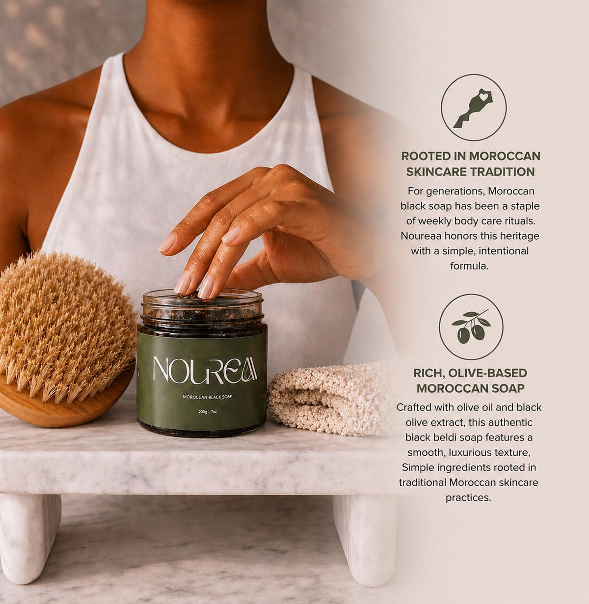 NOUREAA label close-up showing ingredient transparency and Moroccan manufacturing