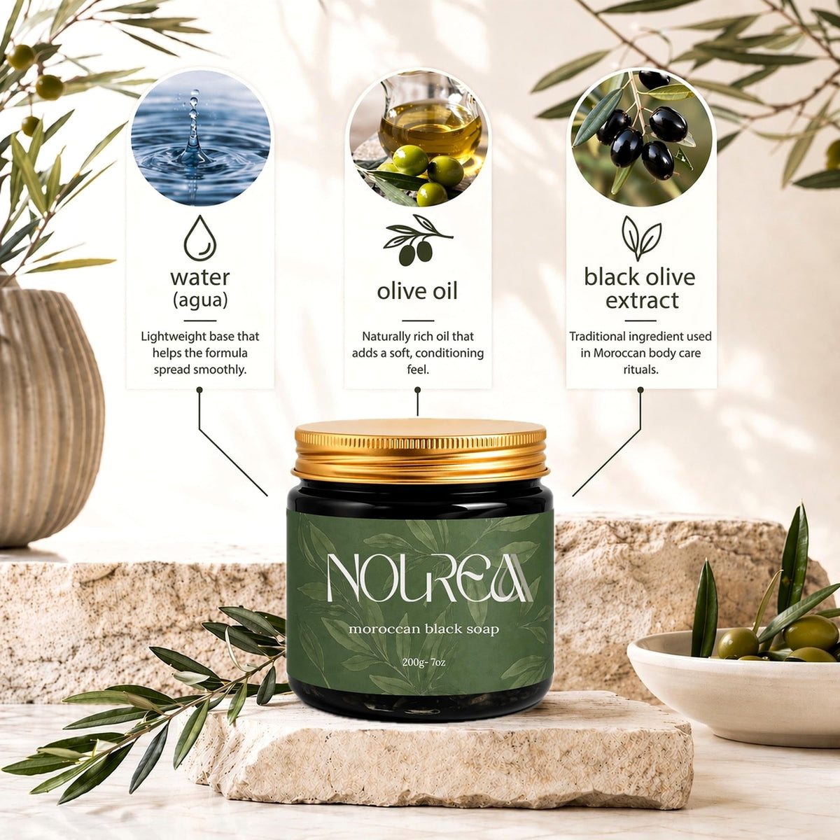 NOUREAA olive-based soap texture close-up highlighting smooth spreadable formula