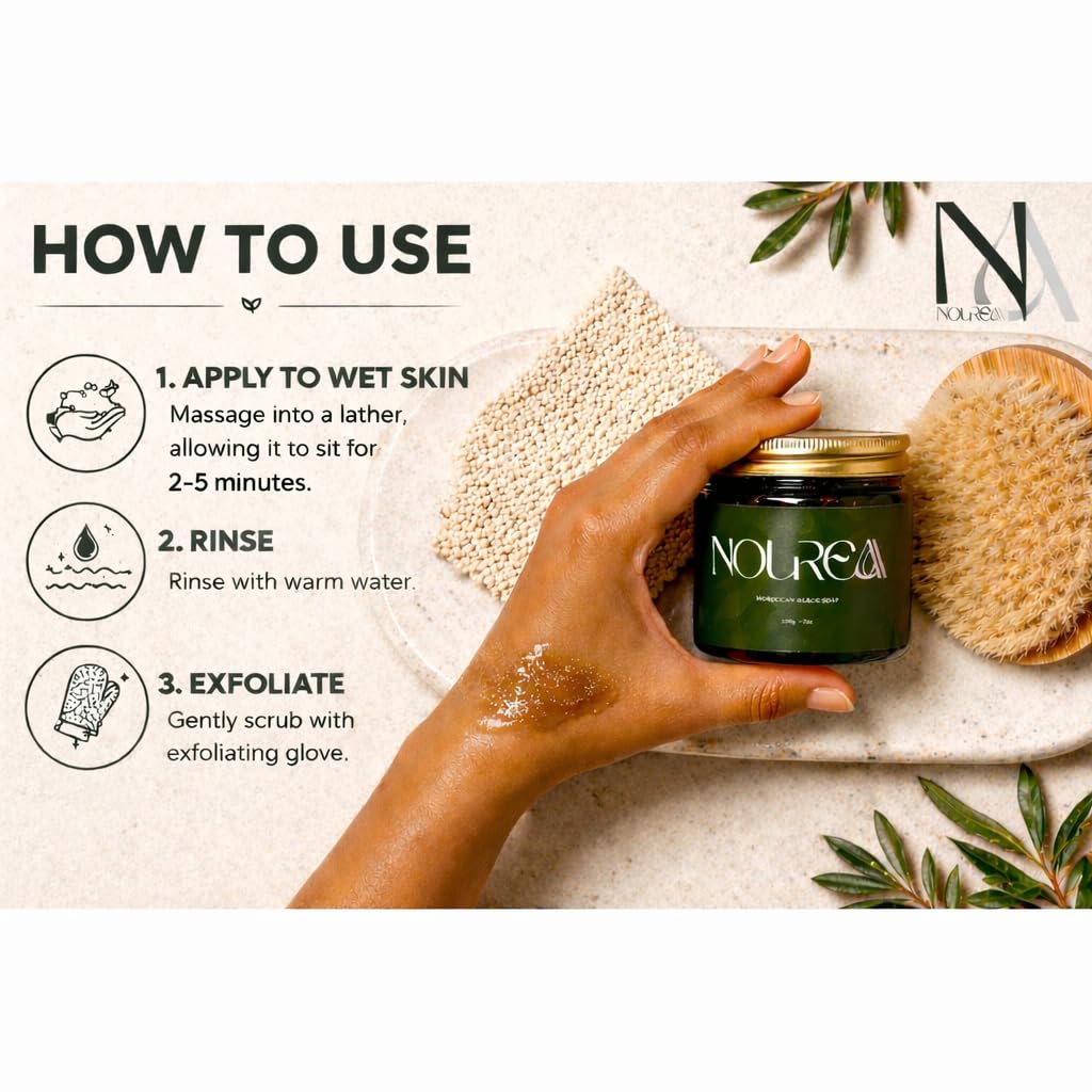 NOUREAA black soap applied to a kessa glove demonstrating easy pre-exfoliation use