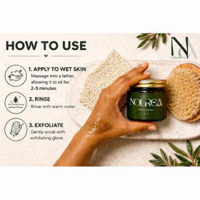 NOUREAA black soap applied to a kessa glove demonstrating easy pre-exfoliation use