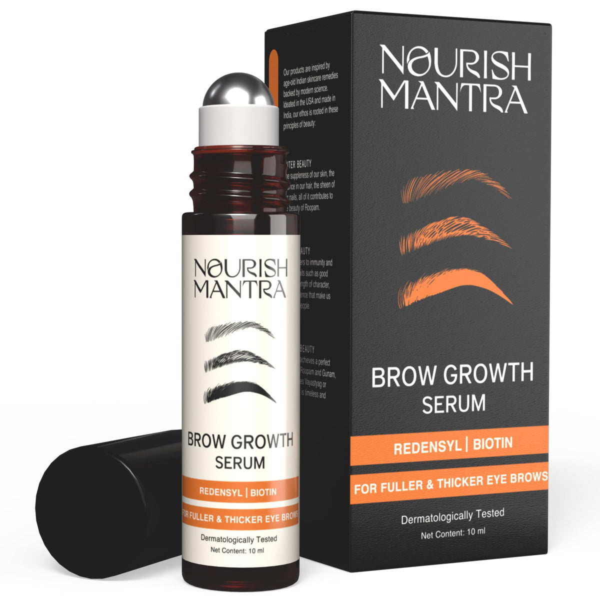 Nourish Mantra front packaging showing serum bottle for fuller brows