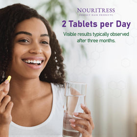 NouriTress tablets scattered on wood highlighting easy supplementation