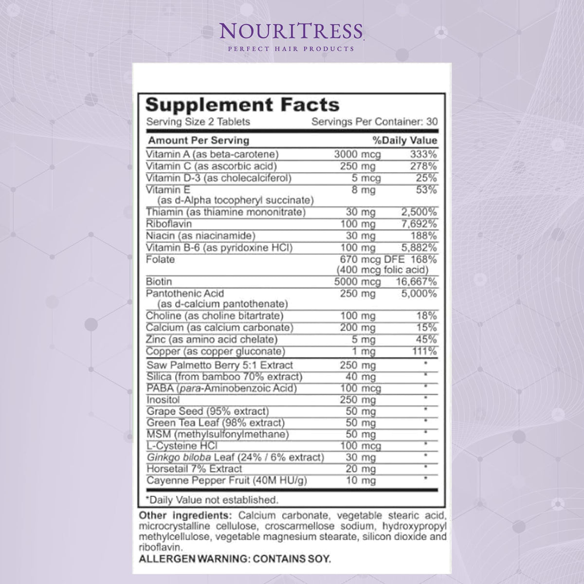 NouriTress tablets in hand demonstrating suggested daily dose