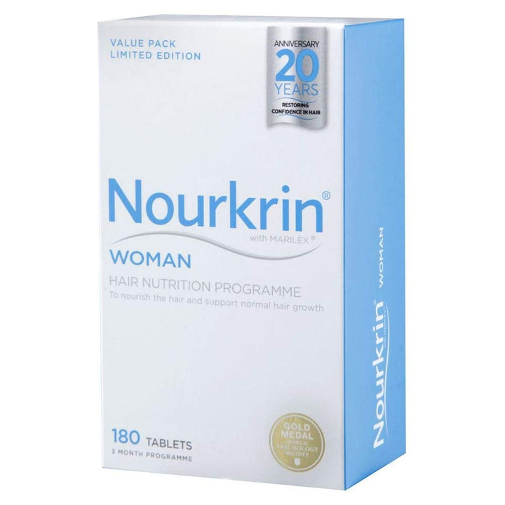 Nourkrin Woman front packaging showing 180 tablets and clear product benefit