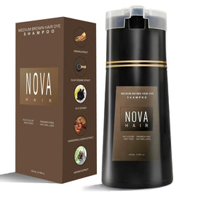 Nova Hair front bottle medium brown showing product label and size benefit