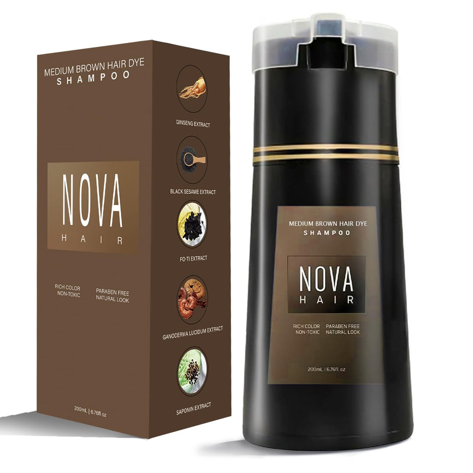 Nova Hair front bottle medium brown showing product label and size benefit