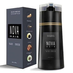 Nova Hair front packaging showing black dye shampoo and quick coverage benefit