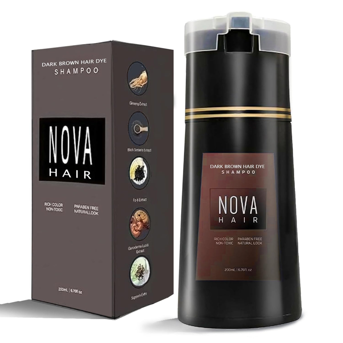 Nova Hair front packaging showing dark brown 200ml bottle and benefit of quick gray coverage