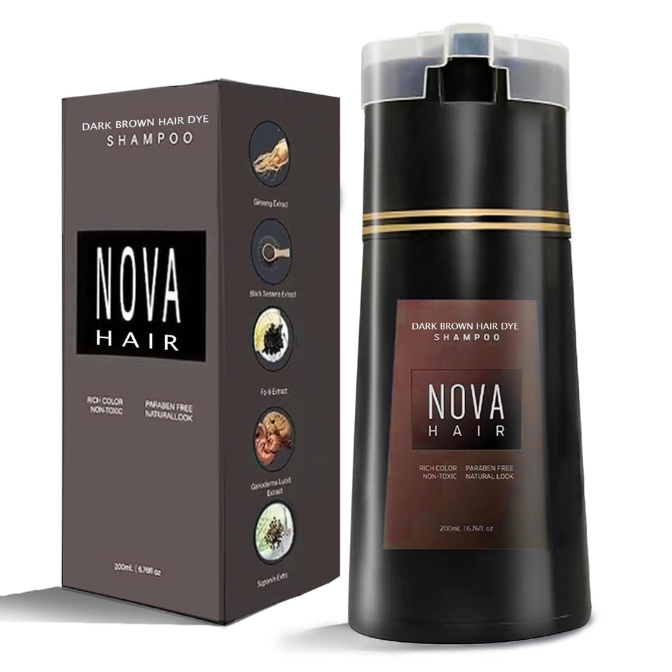 Nova Hair front packaging showing dark brown 200ml bottle and benefit of quick gray coverage