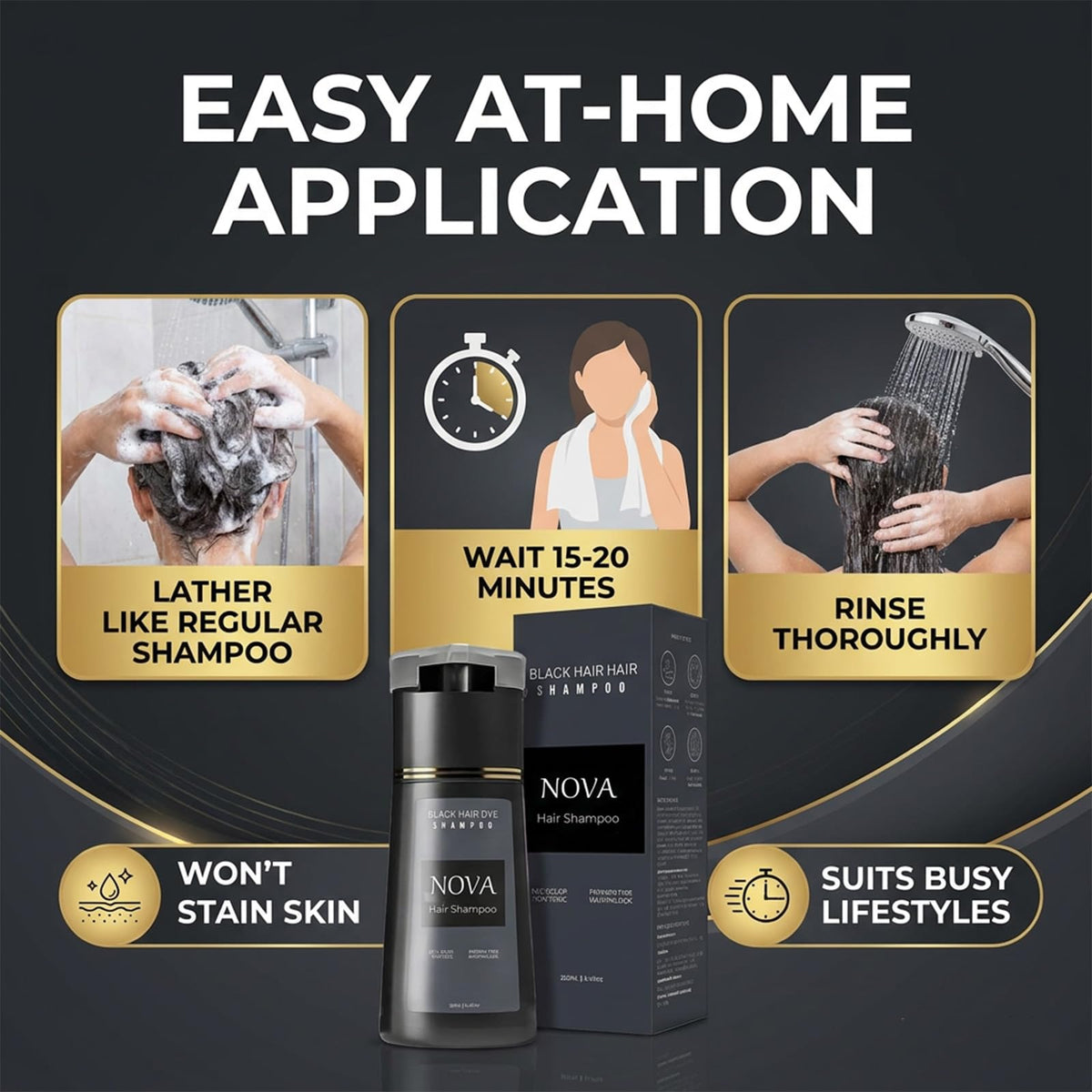 Nova hair shampoo application in shower demonstrating quick one‑step dyeing