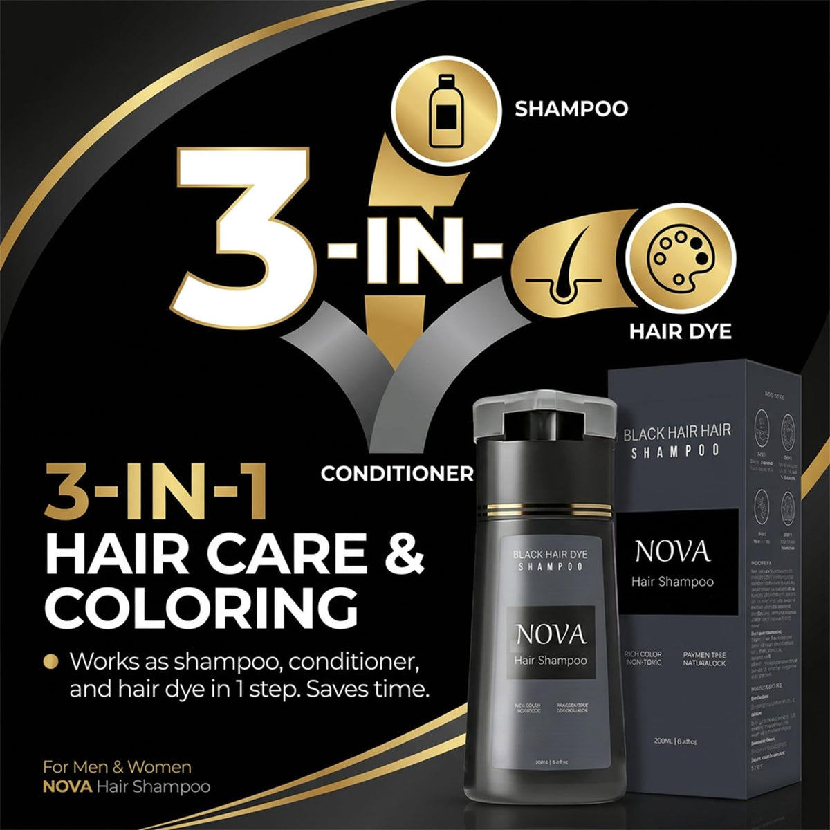 Nova hair shampoo label closeup highlighting color name and ingredient clarity