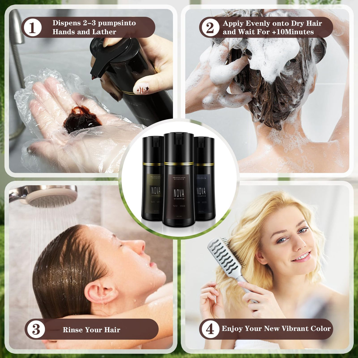 NOVA SHAMPOO before-and-after hair edge showing visible gray coverage benefit