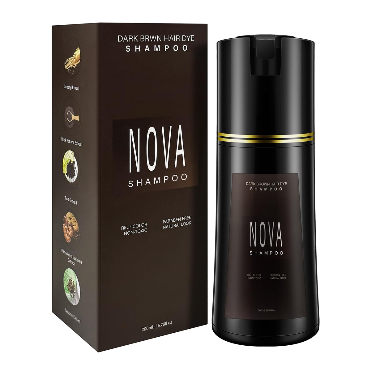 NOVA SHAMPOO front bottle showing dark brown shade and clear labeling, easy at-home use