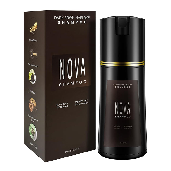NOVA SHAMPOO front bottle showing dark brown shade and clear labeling, easy at-home use