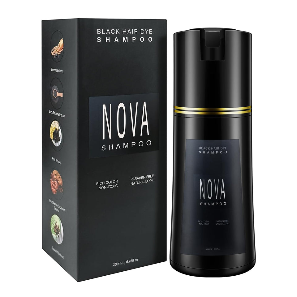 NOVA SHAMPOO front bottle showing packaging and quick gray coverage benefit
