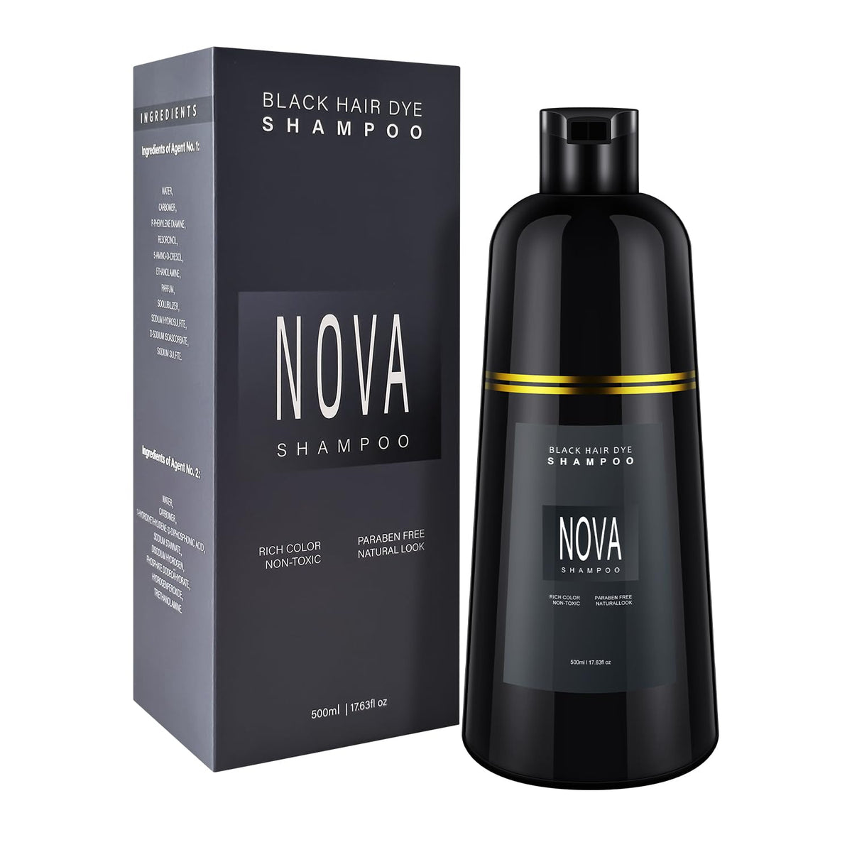 NOVA SHAMPOO front packaging black 500ml shows bottle and label, highlighting product identity and convenience