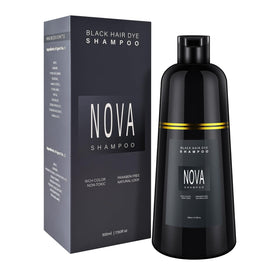 NOVA SHAMPOO front packaging black 500ml shows bottle and label, highlighting product identity and convenience