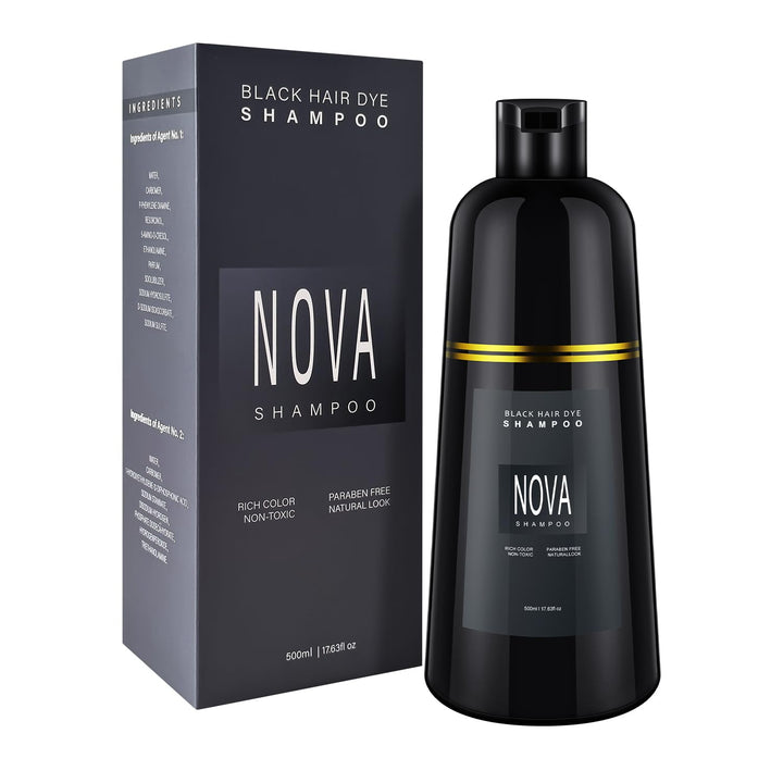 NOVA SHAMPOO front packaging black 500ml shows bottle and label, highlighting product identity and convenience