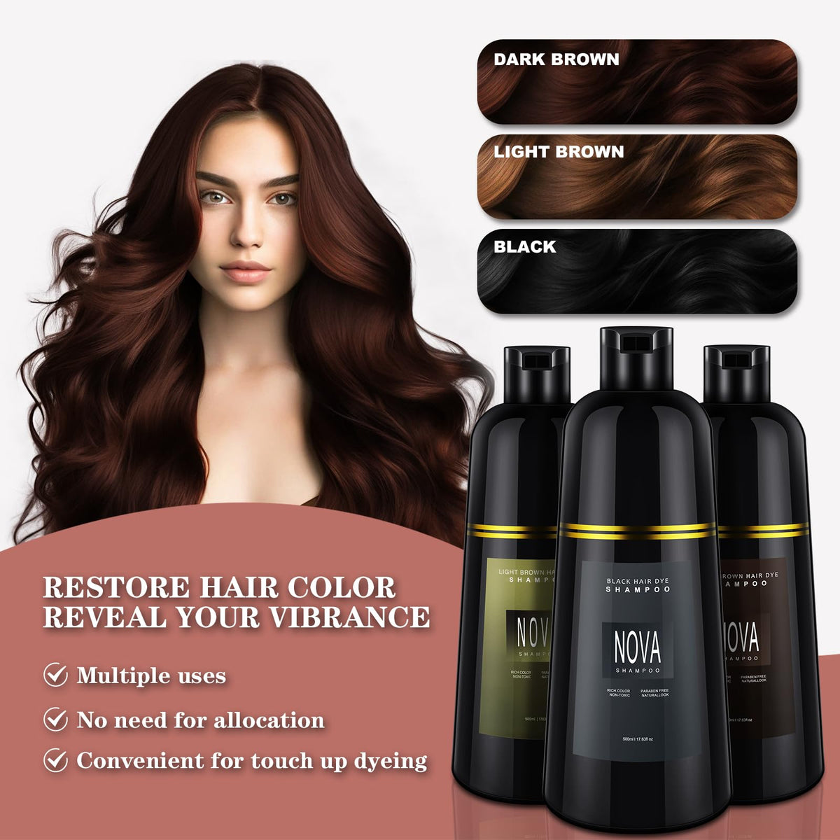NOVA SHAMPOO in use lathering on hair to demonstrate quick application and gray-covering action