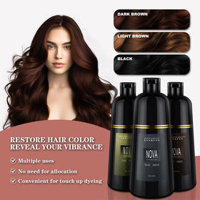 NOVA SHAMPOO in use lathering on hair to demonstrate quick application and gray-covering action