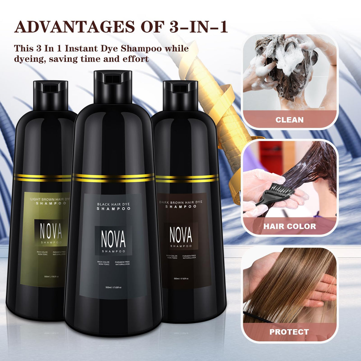 NOVA SHAMPOO on bathroom shelf staged lifestyle image conveying everyday routine and easy storage