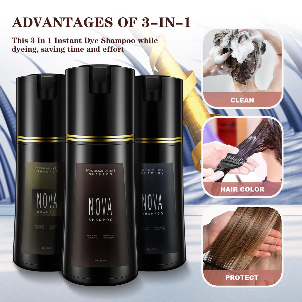 NOVA SHAMPOO on bathroom shelf showing easy daily use and convenience benefit