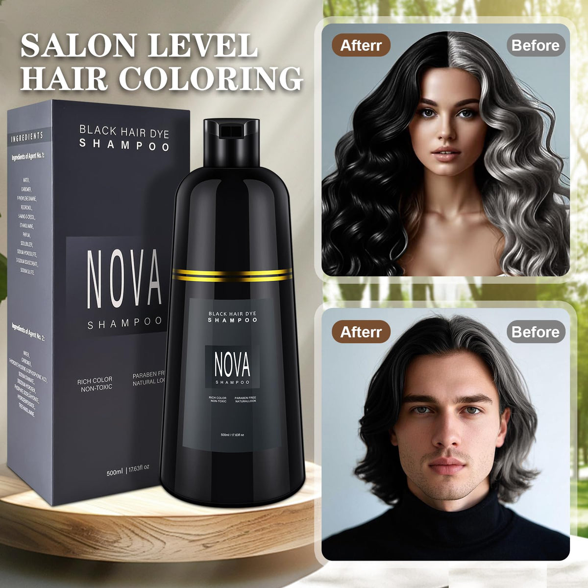 NOVA SHAMPOO texture close-up pouring from bottle to show creamy consistency and easy application