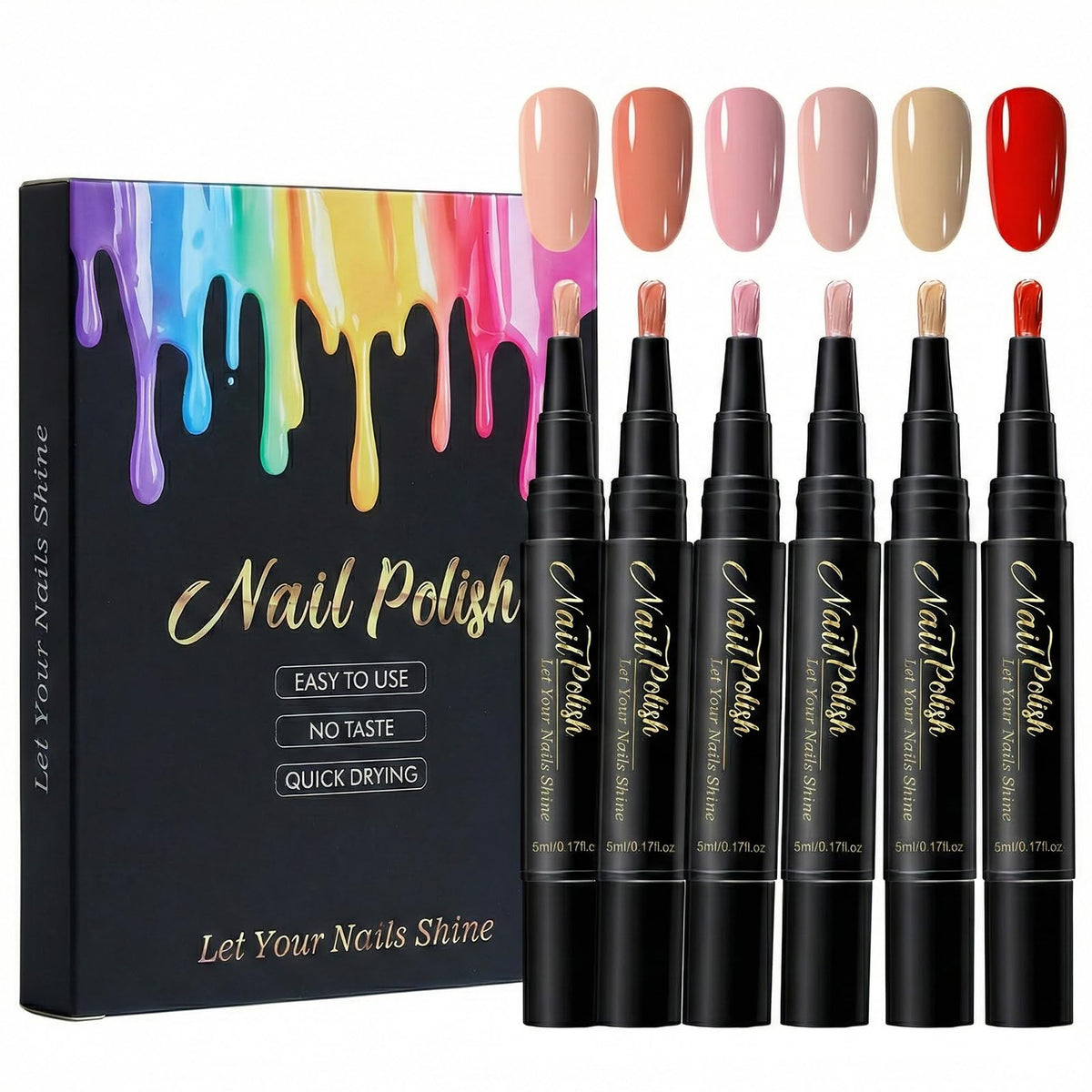 NovaCharm front packaging showing six quick-dry water-based colors and compact benefits