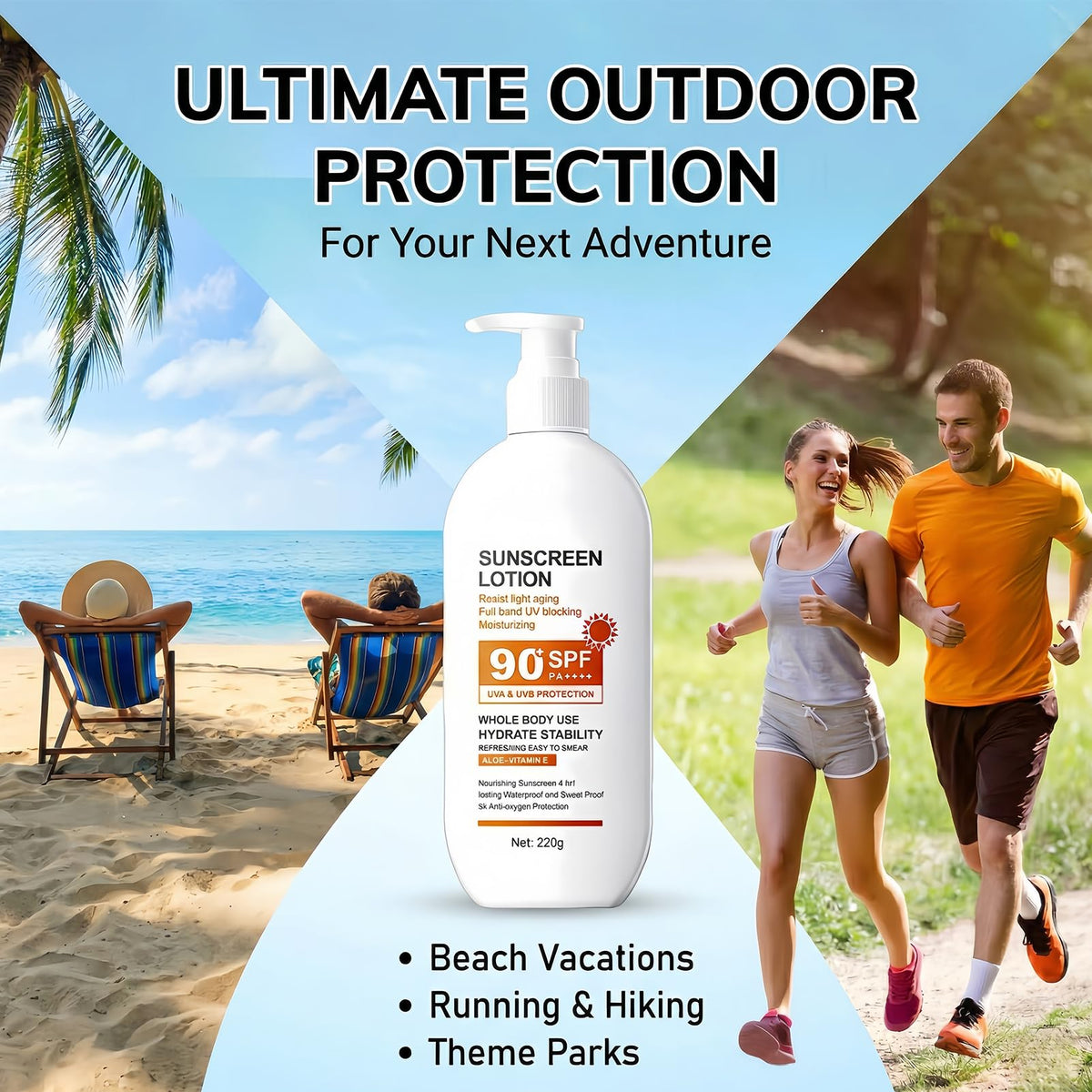 NovaCharm bottle at beach scene showing waterproof, outdoor use benefit