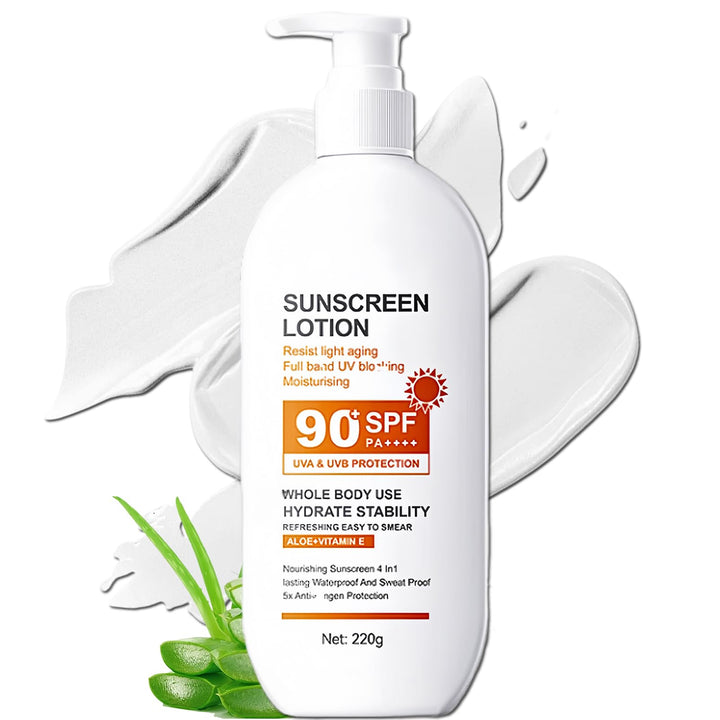 NovaCharm pump bottle front view showing SPF 90 protection and large size
