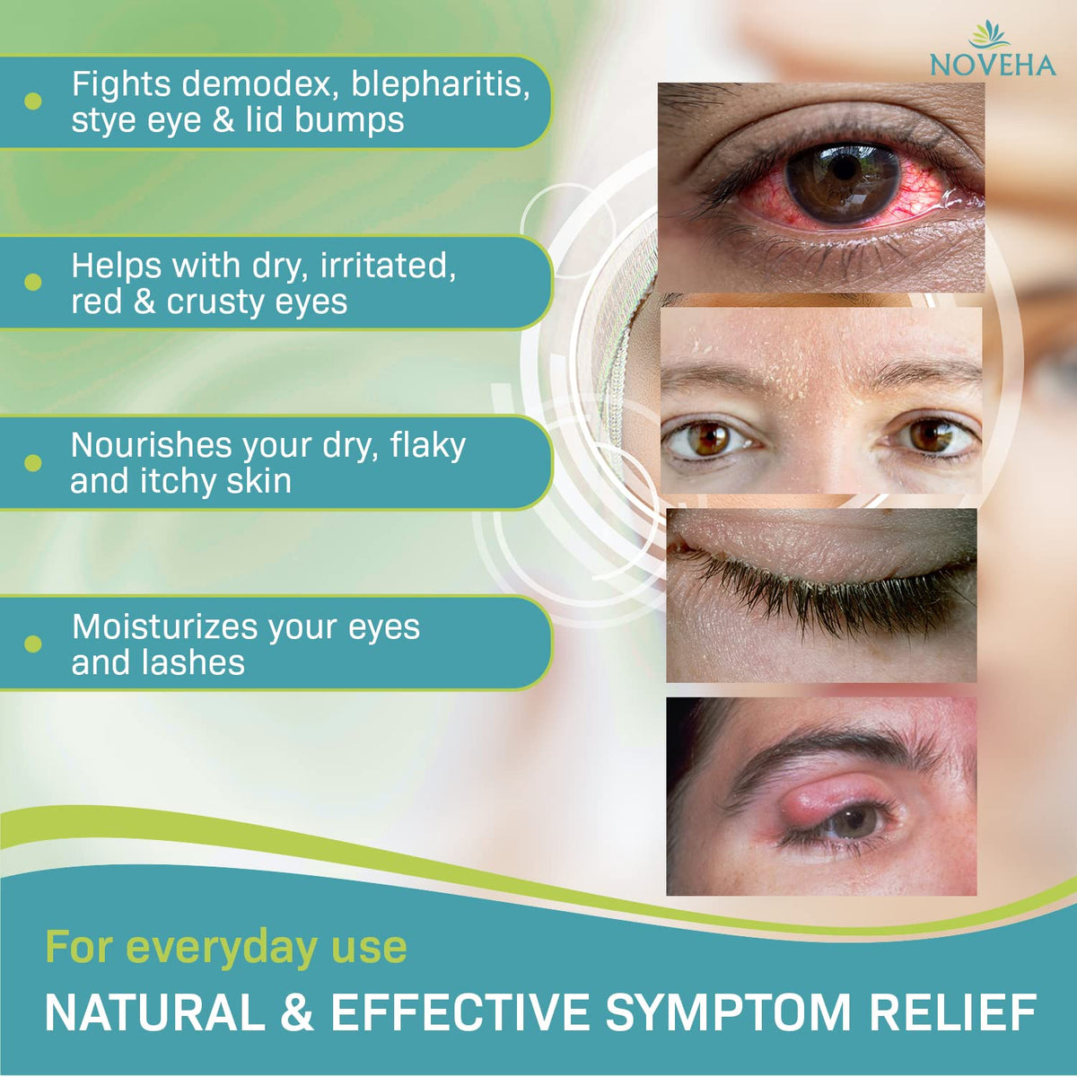 NOVEHA applied to closed eyelid indicating soothing cleanse