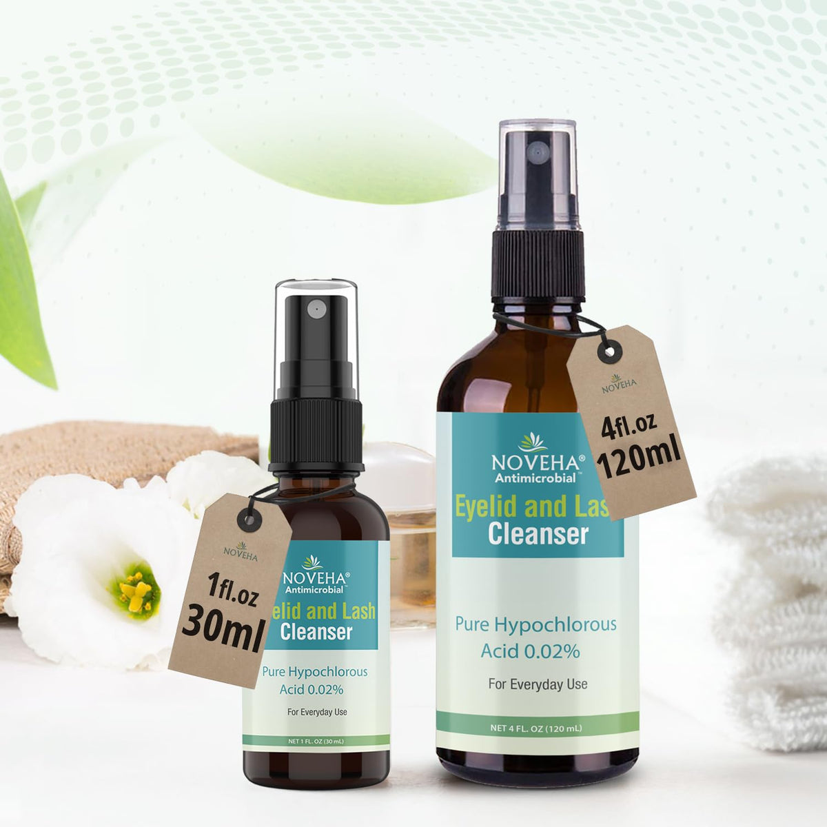 NOVEHA bottle on bathroom shelf styled with towels showing daily routine compatibility