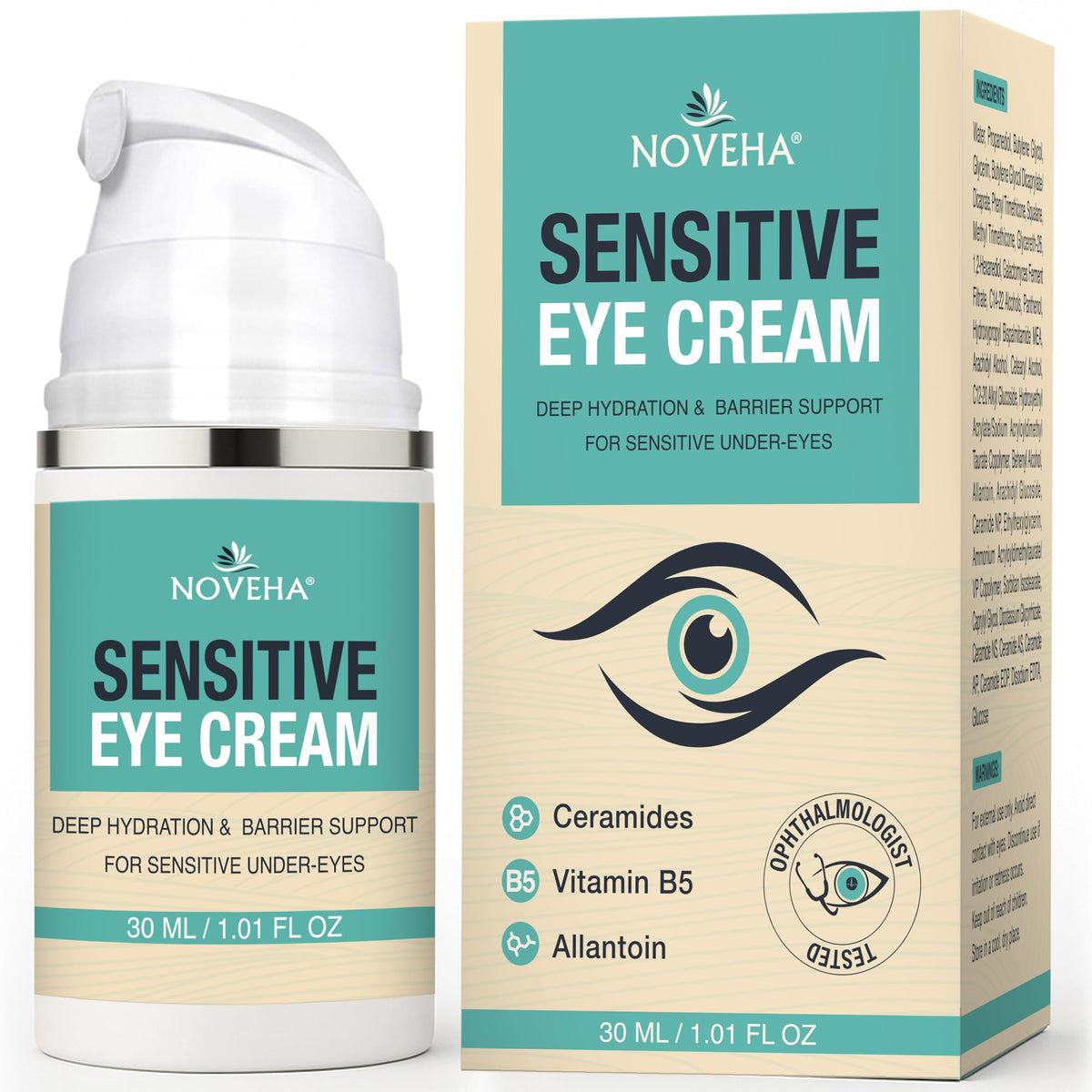NOVEHA front packaging showing product and calm design, highlights gentle hydration