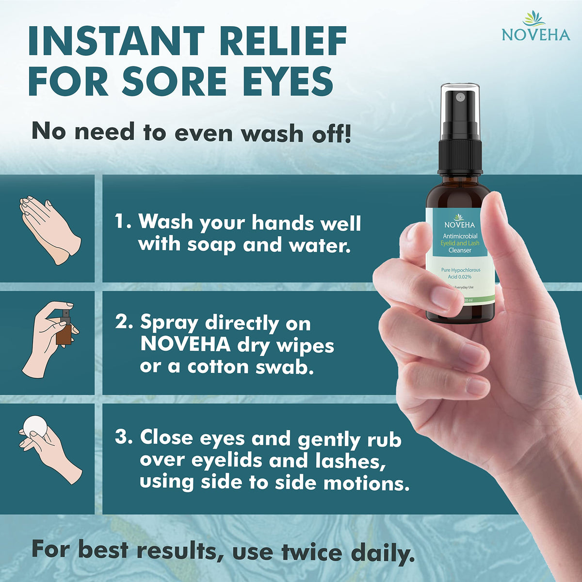 Model applying NOVEHA to closed eyelid showing soothing, non-irritating benefit
